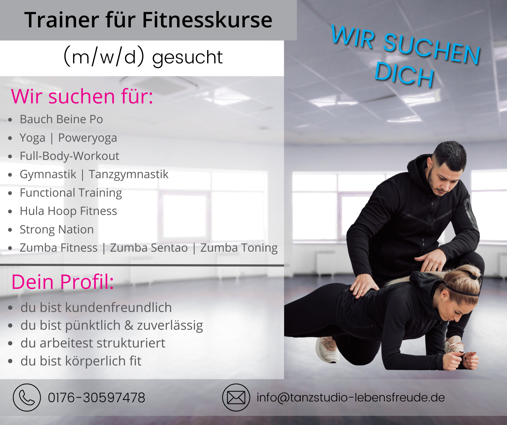 Stellenanzeige_Fitnesstrainer Unsere Tanzlehrer und Fitnesstrainer des Tanzstudios Lebensfreude