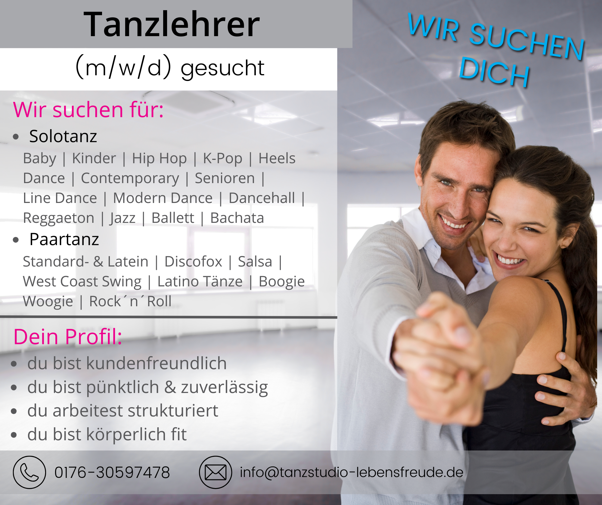 Stellenanzeige_Tanzlehrer Unsere Tanzlehrer und Fitnesstrainer des Tanzstudios Lebensfreude